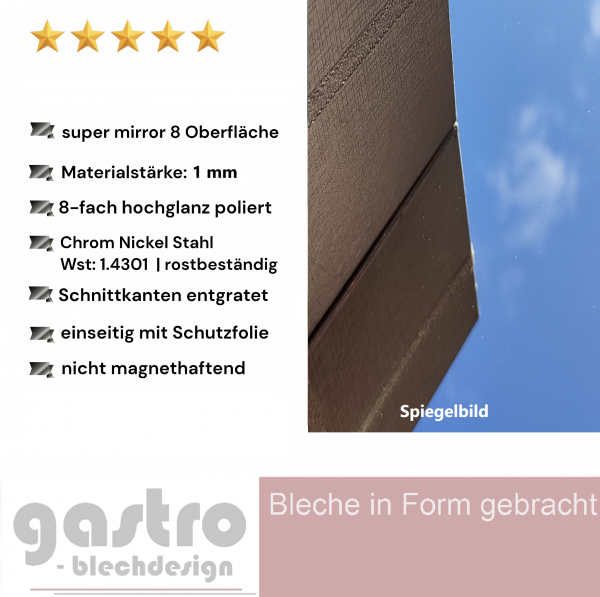 Edelstahl Blech hochglanz poliert, super mirror8, 1mm Blechspiegel, Spiegelblech